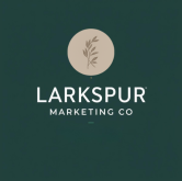 Larkspur Marketing Co logo featuring a taupe circle with a botanical branch on a transparent background